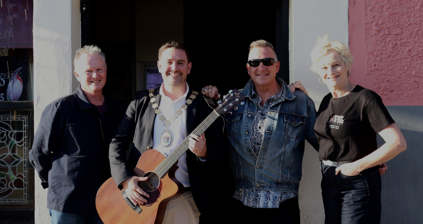 Paul Donegan of Donegan’s, one of the 9 bars participating in the music trail, Mayor of Ards and North Down, Councillor Craig Blaney, musician Lee Hedley who’ll be playing at Donegan’s with his blues band on Saturday afternoon, and Open House Festival Development Director, Alison Gordon.
